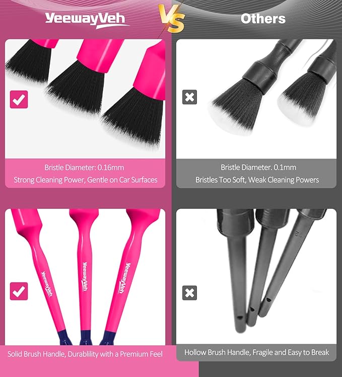 YeewayVeh 6PCS Car Detailing Brush Set, 3pcs Boars Hair Detailing Brushes, 3pcs Ultra Soft Detail Brush for Leather Seat Air Vents Engine Bay, Detail Brushes Car Detailing for Interior Exterior, Pink