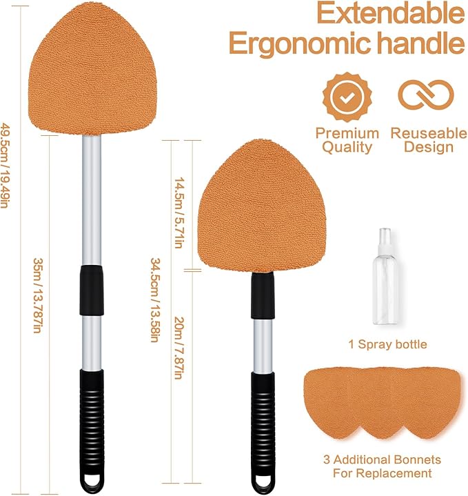 Windshield Cleaner Tool - Car Interior&Exterior Window Cleaning Kit with Extendable Handle & 4 Microfiber Pads and Thick Large Wash Sponge, Auto Glass Wiper Brush Kit for Cars Home (7pcs, Orange)