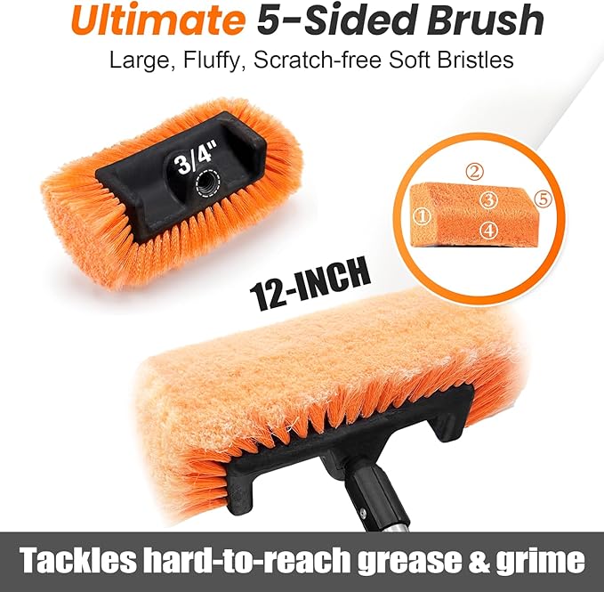 65" Five-Sided Car Wash Brush with Extension Pole, Car Wash 12" Dip Soft Five-Sided Brush, No Scratch Car Cleaning Brush Supplies for RV Boat Truck SUV, House Siding, Snow