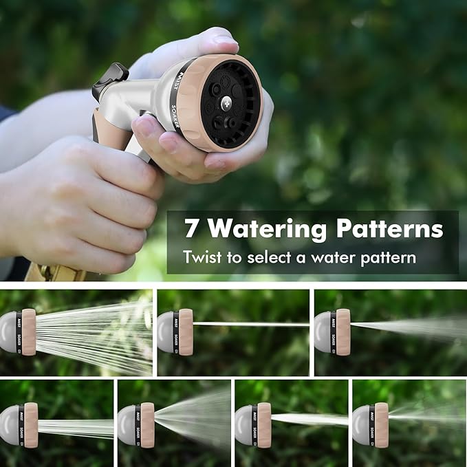 RESTMO Garden Hose Nozzle, Heavy Duty Metal Water Nozzle with 7 Adjustable Spray Patterns, High Pressure Hand Sprayer with Flow Control, for Watering Plants & Lawns, Washing Cars & Pets, Gold