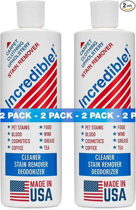 INCREDIBLE! Stain Remover - Instant Spot Remover For New and Old Stains - Blood, Red Wine, Coffee, Urine, Cosmetics, Pet Stains and Odor Eliminator - Carpets, Mattress, Laundry, 16.oz (2 Pack)