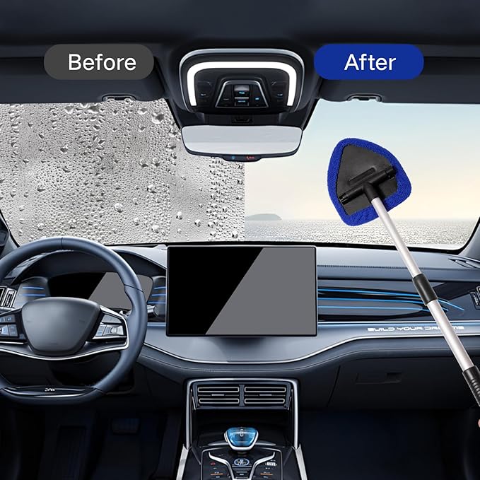 11pcs Windshield Cleaner Tool, Car Window Cleaning Wash Kit with 6 Reusable Microfiber Pads 2 Spray Bottles and Extendable Handles Auto Glass Wiper Kit, Blue