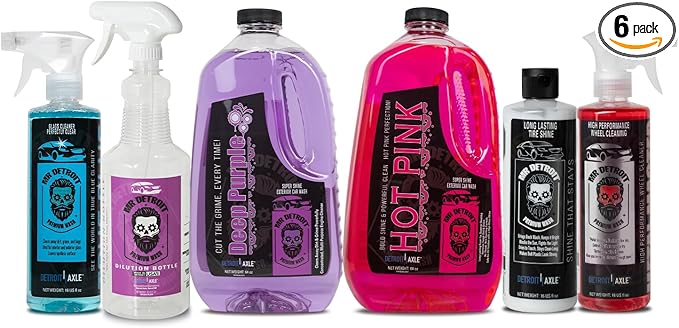 Mr. Detroit - 6pc Car Cleaning Kit, Degreaser, Dilution Bottle, Car Wash Soap, Glass Cleaner with Sprayer, Wheel Cleaner, Tire Shine, Professional Grade Formula, Effective Dirt Removal