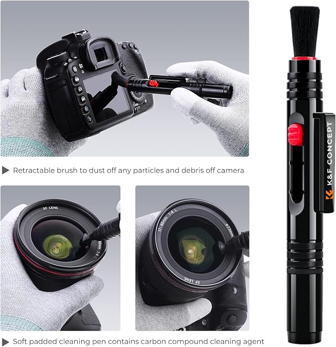 K&F CONCEPT 10-in-1 Camera Lens Cleaning Kit for DSLR Camera Lens Filter Cell Phones with Advanced Silicone Air Blower*1+Short Nozzle*1+Long Nozzle*1+Cleaning Cloth*6+Cleaning Pen*1+15ML Cleaner*1