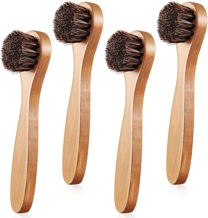 4 Pcs Horsehair Shine Shoes Brush Kit Polish Dauber Applicators Cleaning Leather Shoes Boots Care Brushes Suede Cleaner Brush with Microfiber Shoe Cloth(Wooden Handle A)