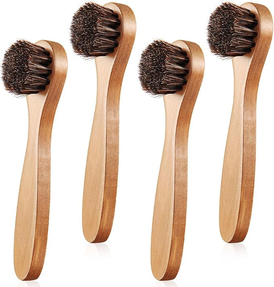 4 Pcs Horsehair Shine Shoes Brush Kit Polish Dauber Applicators Cleaning Leather Shoes Boots Care Brushes Suede Cleaner Brush with Microfiber Shoe Cloth(Wooden Handle A)