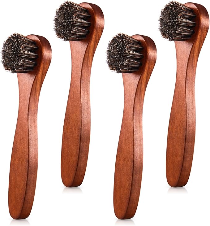4 Pcs Horsehair Shine Shoes Brush Kit Polish Dauber Applicators Cleaning Leather Shoes Boots Care Brushes Suede Cleaner Brush with Microfiber Shoe Cloth(Brown Handle A)
