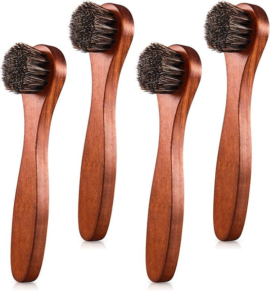 4 Pcs Horsehair Shine Shoes Brush Kit Polish Dauber Applicators Cleaning Leather Shoes Boots Care Brushes Suede Cleaner Brush with Microfiber Shoe Cloth(Brown Handle A)