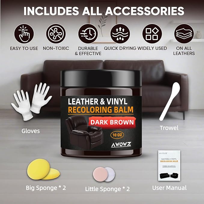 Leather Recoloring Balm - Scratch Repair & Color Restore Kit for Faded Leather, Leather Couch & Car Seats - 10OZ Leather Restorer Balm for Furniture, Auto Interior, Vinyl, Accessories (Dark Brown)