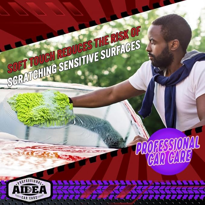 AIDEA Car Wash Mitt Microfiber, 2PK Scratch Free Lint-Free, Premium Chenille Microfiber Mitt Car Wash Brush, Green, Regular Size 7.12''X10.14''