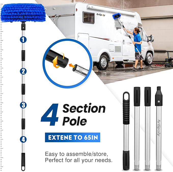 65'' Five-Sided Car Wash Brush with Long Handle, Scratch-Free Car Cleaning Kit with Soft Wash Brush, Tire Brush, Window Squeegee, Car Wash Mitt, Microfiber Cleaning Head & Extension Pole
