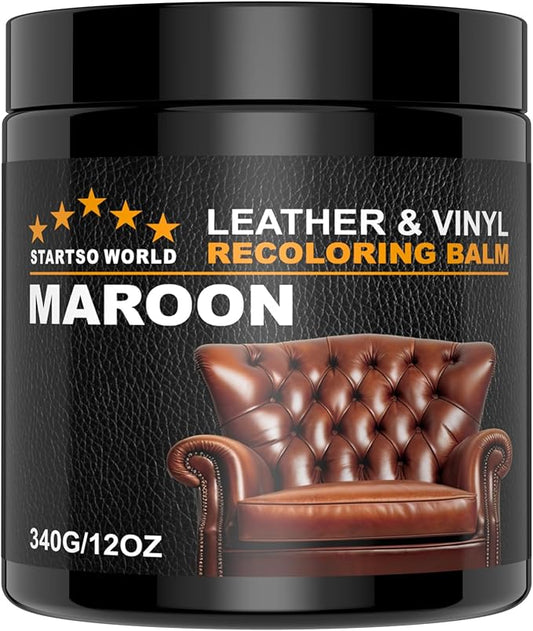 STARTSO WORLD Leather Recoloring Balm 12OZ- Leather Repair Kit for Restore Furniture, Couches, Car Seats, Clothing, Restore The Color to Scratched and Faded, (Maroon)