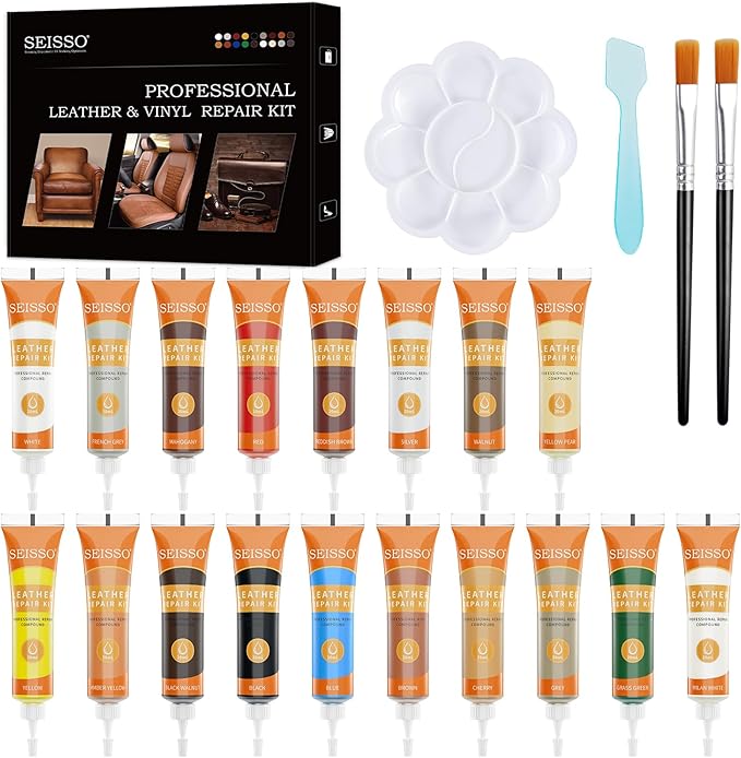 18 Colors Leather Repair Kit for Furniture and Vinyl Repair Kit for Refurbishing Upholstery, Couch, Boat, Car Seat, Shoes and Jacket - Leather Dye Kit - A Simple and Convenient Leather Repair Solution