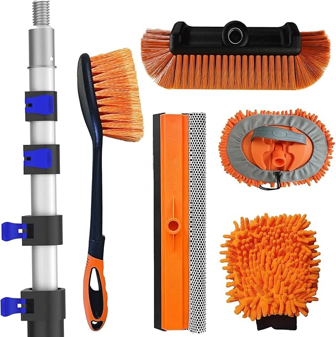 26Ft Reach Car Wash Kit with 5-20FT Telescopic Extension Pole, Car Wash Brush with Long Handle, Wheel Tire Brush, Car Wash Mop, Mitt, Squeegee for Cleaning Car, SUV, RV, Boats, Solar Panels