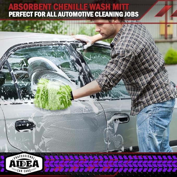 AIDEA Car Wash Mitt Microfiber, 2PK Scratch Free Lint-Free, Premium Chenille Microfiber Mitt Car Wash Brush, Green, Regular Size 7.12''X10.14''