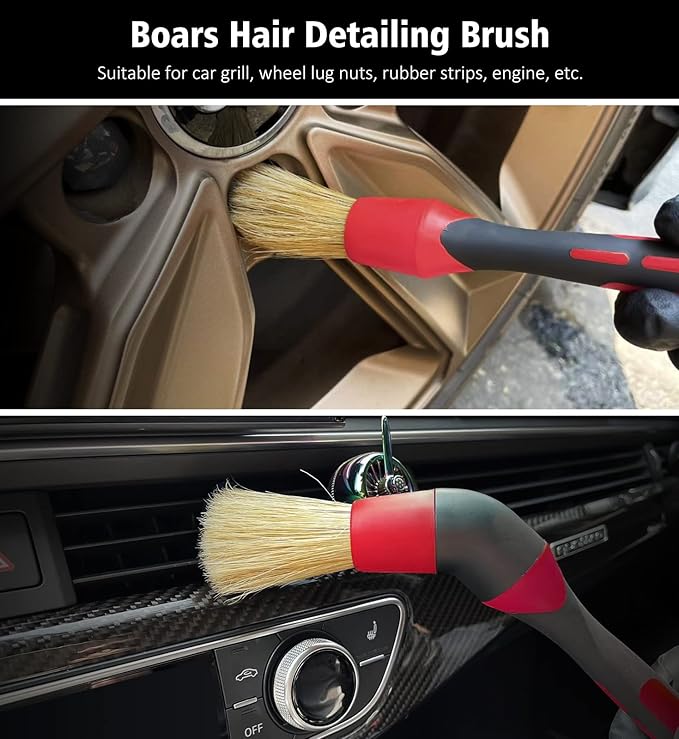 YeewayVeh Wheel Cleaning Kit, 5Pack Bendable Wheel Cleaning Brush and Microfiber Rim Cleaner Brush, Tire Dressing Applicator and Car Detailing Brush for Wheel Care and Cleaning Kit, Red