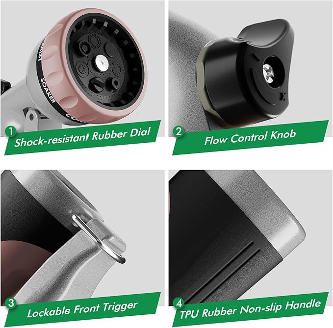 RESTMO Garden Hose Nozzle, Heavy Duty Metal Water Nozzle with 7 Adjustable Spray Patterns, High Pressure Hand Sprayer with Flow Control, for Watering Plants & Lawns, Washing Cars & Pets, Rose Gold