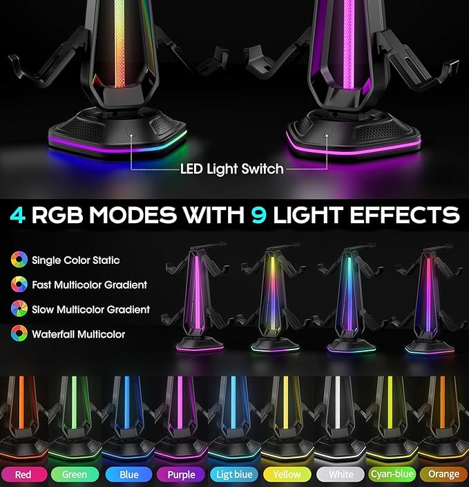 RGB Headset Stand with 9 Light Modes and 2 USB Charging Ports - Controller Holder for Desk - Headphone Stand & Detachable Controller Hook for PC Earphone Gaming Room Setup Accessories