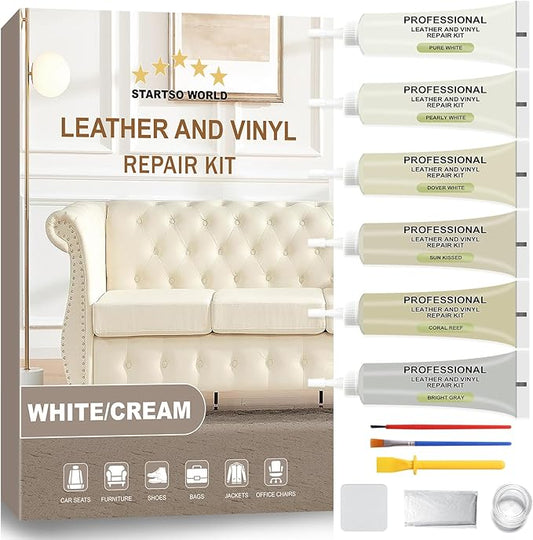 STARTSO WORLD Cream Leather Repair Kit for Furniture, Leather & Vinyl Repair kit for Car Interior, Couches, Car Seat, Jacket, Sofa, Boat or and Purse, Restores Faux, Artificial, Genuine Pleather