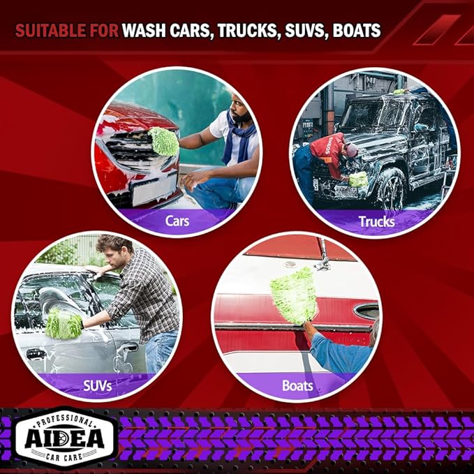 AIDEA Car Wash Mitt Microfiber, 2PK Scratch Free Lint-Free, Premium Chenille Microfiber Mitt Car Wash Brush, Green, Regular Size 7.12''X10.14''