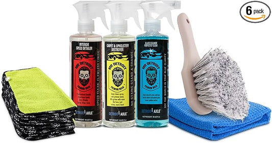 Mr. Detroit - 6pc Car Wash Kit with Carpet & Upholstery Cleaner, Interior Speed Detailer, Glass Cleaner, Waffle Microfiber Towel, Premium Towels, Wheel Body Brush, Non-Scratch Deep Cleaning
