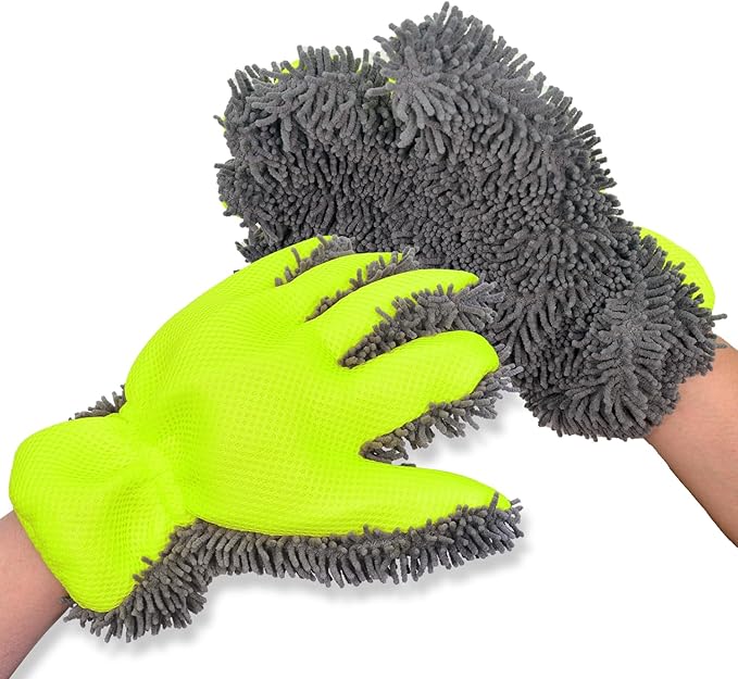 QMX Car Wash Mitt Microfiber Scratch Free,Premium Chenille Ultra-Soft Car Wash Gloves,Thickened Inside Coated Swirl-Free Finish 5-Finger Design Detailing for Cleaning Car Wash Brush,2-Pack Green