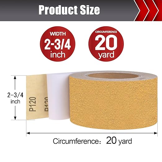 120 Grit PSA Longboard Sandpaper, 20-Yard Long Continuous Roll 2-3/4" Wide Self-Adhesive Sanding Paper for Auto Body Woodworking Metalworking