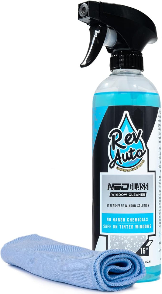 Rev Auto Car Window Cleaner - Includes Window Drying Towel | Ammonia-Free Glass Cleaner That is Tint Safe (16 fl oz)
