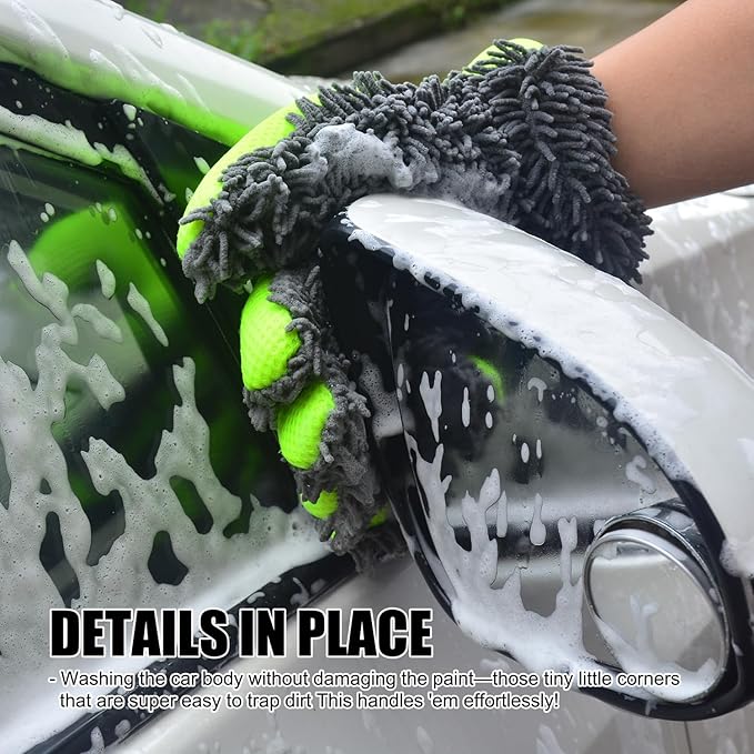 QMX Car Wash Mitt Microfiber Scratch Free,Premium Chenille Ultra-Soft Car Wash Gloves,Thickened Inside Coated Swirl-Free Finish 5-Finger Design Detailing for Cleaning Car Wash Brush,2-Pack Yellow