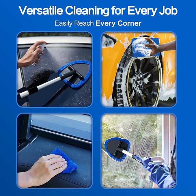 Windshield Cleaner Tool - Car Interior&Exterior Window Cleaning Kit with Extendable Handle & 4 Microfiber Pads and Thick Large Wash Sponge, Auto Glass Wiper Brush Kit for Cars Home (7pcs, Blue)