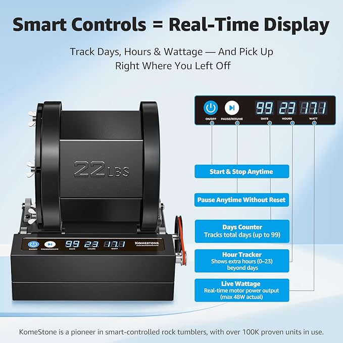 Extra Large 22LB Capacity Professional Rock Tumbler with Brushless Motor & Metal Base – Heavy-Duty Stone Polisher for Adults, Long-Term Use, Workshops & Serious Collectors