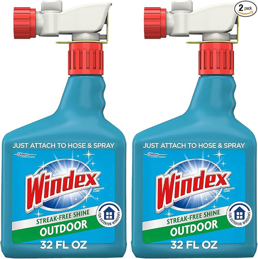 Windex Outdoor Window and Glass Cleaner for Hose Ammonia Free, Concentrated Formula for Deep Outdoor Clean, Patio Cleaner, Compatible With All Hoses, 32 Fl Oz (Pack of 2)