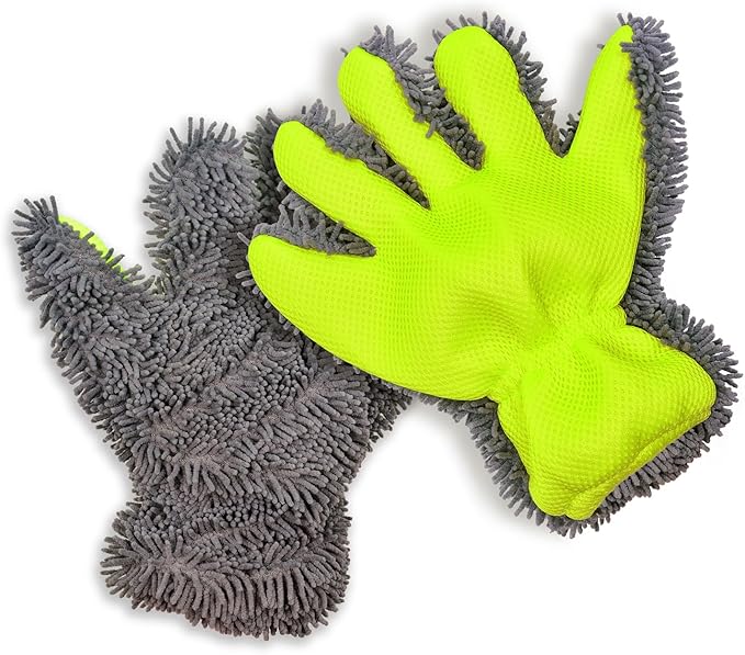 QMX Car Wash Mitt Microfiber Scratch Free,Premium Chenille Ultra-Soft Car Wash Gloves,Thickened Inside Coated Swirl-Free Finish 5-Finger Design Detailing for Cleaning Car Wash Brush,2-Pack Green