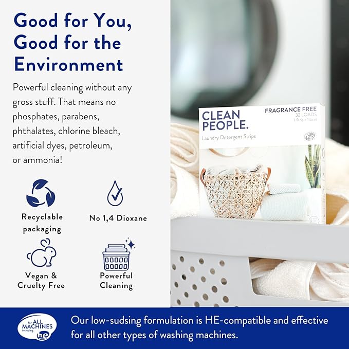 The Clean People Fragrance Free Laundry Detergent Sheets - Laundry Soap - Ultra Concentrated, Recyclable Packaging, Stain Fighting - Fragrance Free, 96 Pack