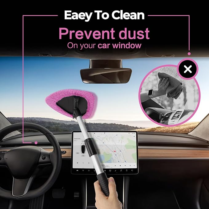 Windshield Cleaner Tool - Car Interior&Exterior Window Cleaning Kit with Extendable Handle & 4 Microfiber Pads and Thick Large Wash Sponge, Auto Glass Wiper Brush Kit for Cars Home (7pcs, Pink)