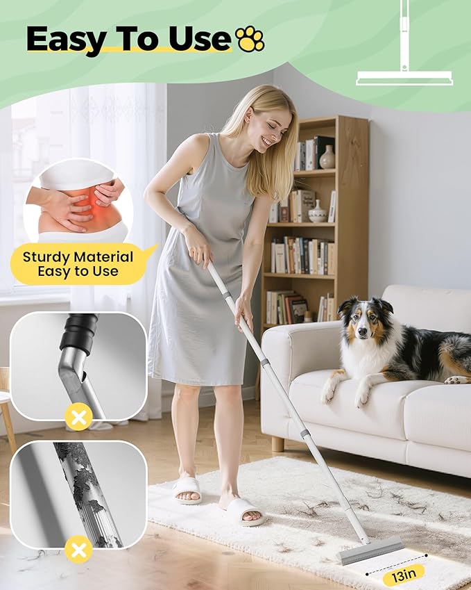 Carpet Rake for Pet Hair Removal Tool - 4 in 1 Pet Hair Remover Kit for Dog Cat Fur Remover, Contain 60" Adjustable Rubber Broom, Glove, Magic Brush and Scraper for Home Furniture, Rugs, Mats