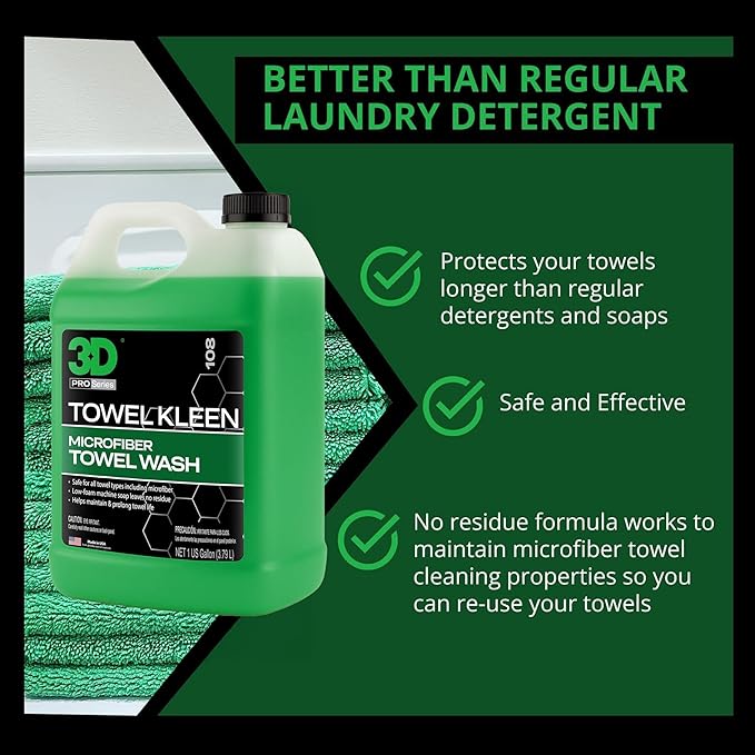 3D Towel Kleen Concentrated Microfiber Detergent - Deep Cleans, Restores & Maintains Car Wash Towel Life - Low Foam, No Residue Premium Laundry Soap 1 Gallon