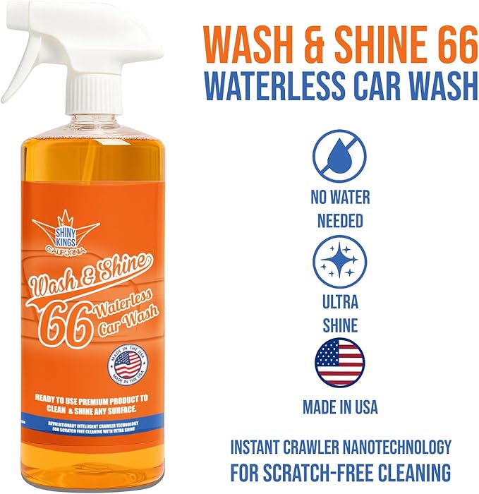 Shinykings Wash&Shine 66 32 fl.oz WATERLESS Car Wash with Ultra Car Shine Effect Powerful Car Wash Spray or Foam Soap for All Surfaces | Scratch-Free & Biodegradable Car Cleaner | 32 fl.oz.