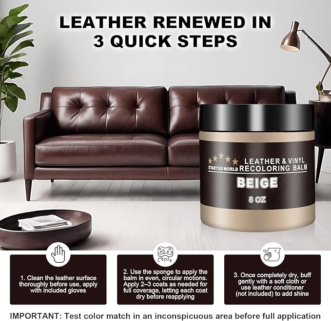 STARTSO WORLD Leather Recoloring Balm,Beige Leather Repair Kit for Furniture,Couches & Car Seats, Leather Paint, Leather Color Restorer, Leather Scratch Remover