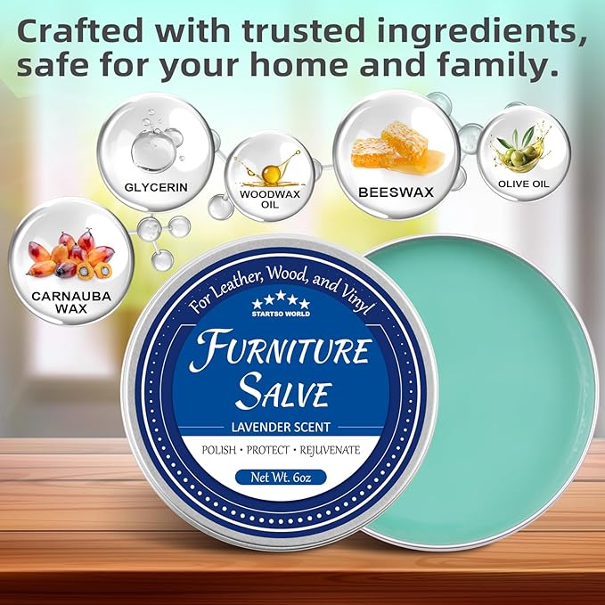 STARTSO WORLD Furniture Salve for Leather, Wood & Vinyl - Natural Polish, Conditioner & Restorer for Couches, Tables & Furniture - All-in-One Repair Salve with Applicator Brush - 6OZ
