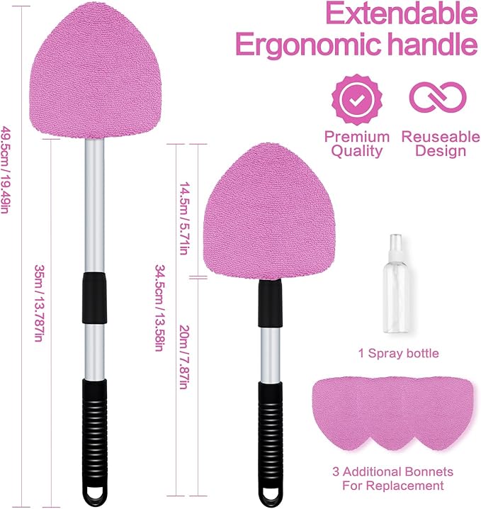 Windshield Cleaner Tool - Car Interior&Exterior Window Cleaning Kit with Extendable Handle & 4 Microfiber Pads and Thick Large Wash Sponge, Auto Glass Wiper Brush Kit for Cars Home (7pcs, Pink)