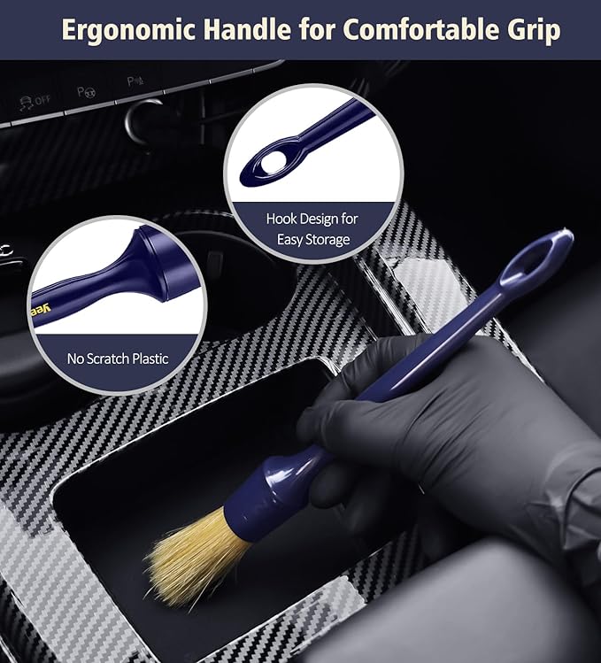YeewayVeh Car Detailing Brush Set, 3 Pack Ultra Soft Boars Hair Detailing Brushes for Leather Seat Air Vents Engine Bay, Auto Detail Brushes Car Detailing for Interior Exterior, Indigo