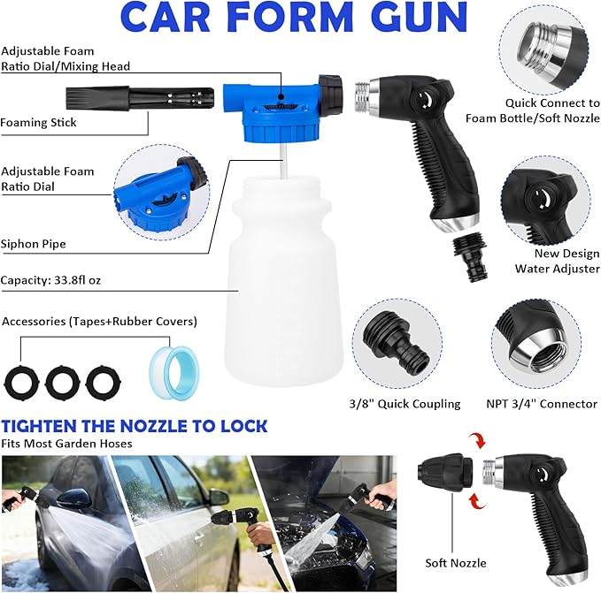 AUTODECO Car Wash Detailing Kit Cleaning Kits with Foam Gun Sprayer, Car Wash Brush and Large Wash Mitt Duster for Car Interior and Exterior Cleaning (Blue)