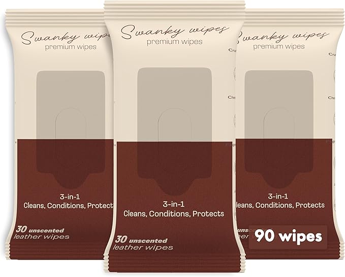 Swanky Leather Wipes - Leather Cleaner and Conditioner for Purses, Shoes, Furniture Polish & Car Seats, Prevents Fading & Cracking, Restores Softness & Shine - Soft Wipes, 90 Count