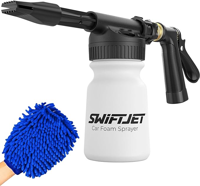 SwiftJet Car Wash Foam Gun + Microfiber Wash Mitt - Works with Any Soap - Garden Hose Car Foam Sprayer - Foam Cannon Car Wash Kit - Car Accessories Foam Blaster (Black Foam Gun with Mitt)