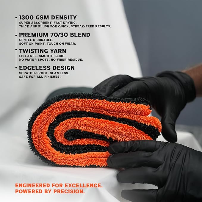 X- Large Car Drying Towel, 36x24 Microfiber Towels for Cars, 1300 GSM, 70/30 Blend, Dual-Sided Highly Absorbent Twisted-Loop Edgeless Car Detailing Cloth, Scratch/Streak-Free [Orange/Black]