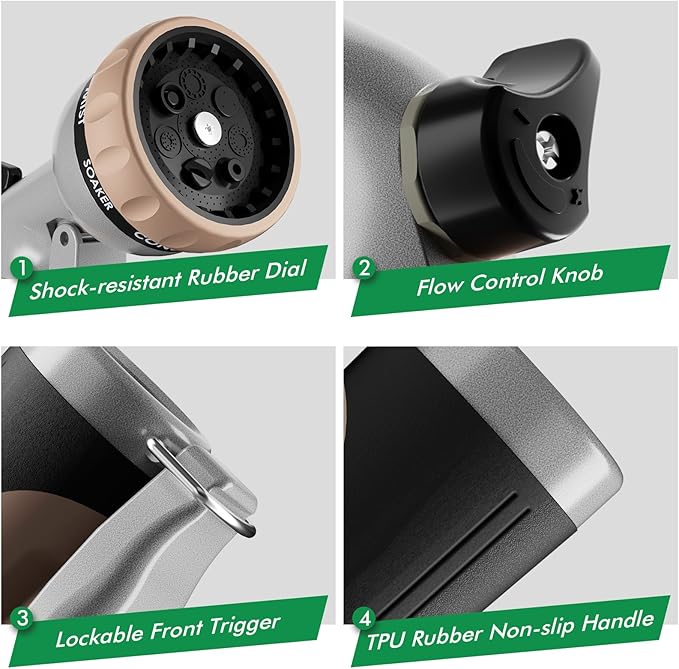 RESTMO Garden Hose Nozzle, Heavy Duty Metal Water Nozzle with 7 Adjustable Spray Patterns, High Pressure Hand Sprayer with Flow Control, for Watering Plants & Lawns, Washing Cars & Pets, Gold