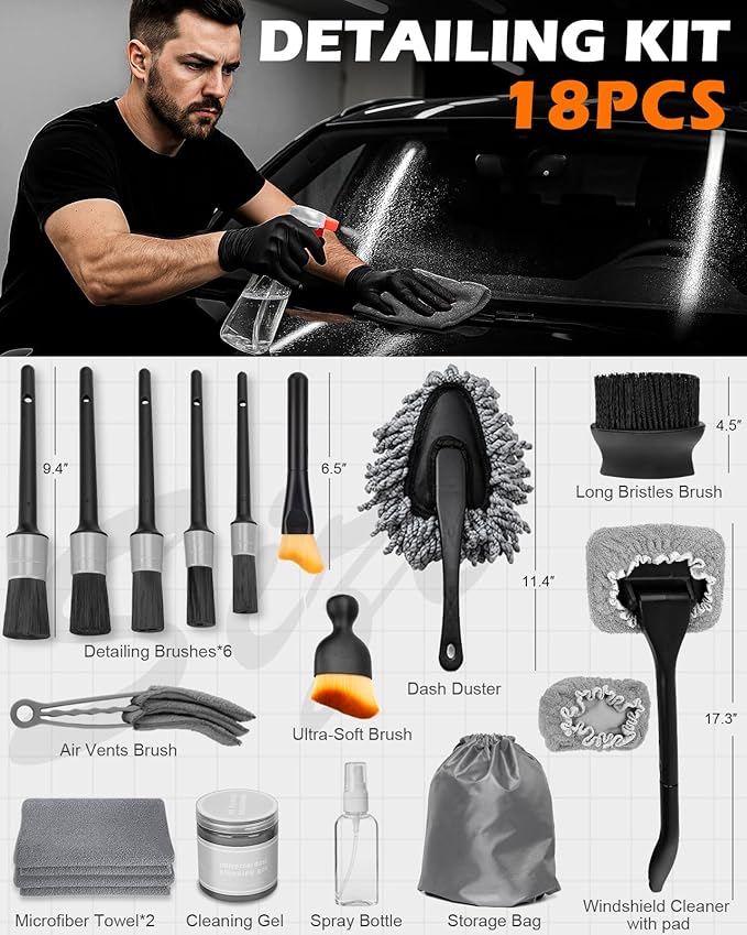 Windshield Cleaner Tool, 18Pcs Car Interior Detailing Brush Set, Inside Windshield Cleaning Kit with 2 Microfiber Pads, Duster Brush, Cleaning Gel, Car Detailing Supplies for Women & Men