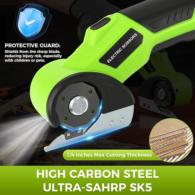 Cordless Cardboard Cutter with Safety Lock & LED – 4V Rechargeable, Extra Blade Included, Electric Box Cutter for Cardboard, Fabric Rotary Cutter for Wrapping Paper, Carpet & Leather