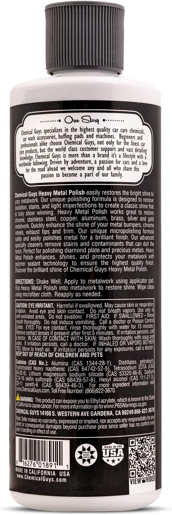 Chemical Guys Heavy Metal Polish Restorer and Protectant - Cleans, Restores & Protects, Aluminum, Stainless Steel, Chrome Polish & More, Safe for Cars, Trucks, Motorcycles, RVs, and Boats - 16 oz
